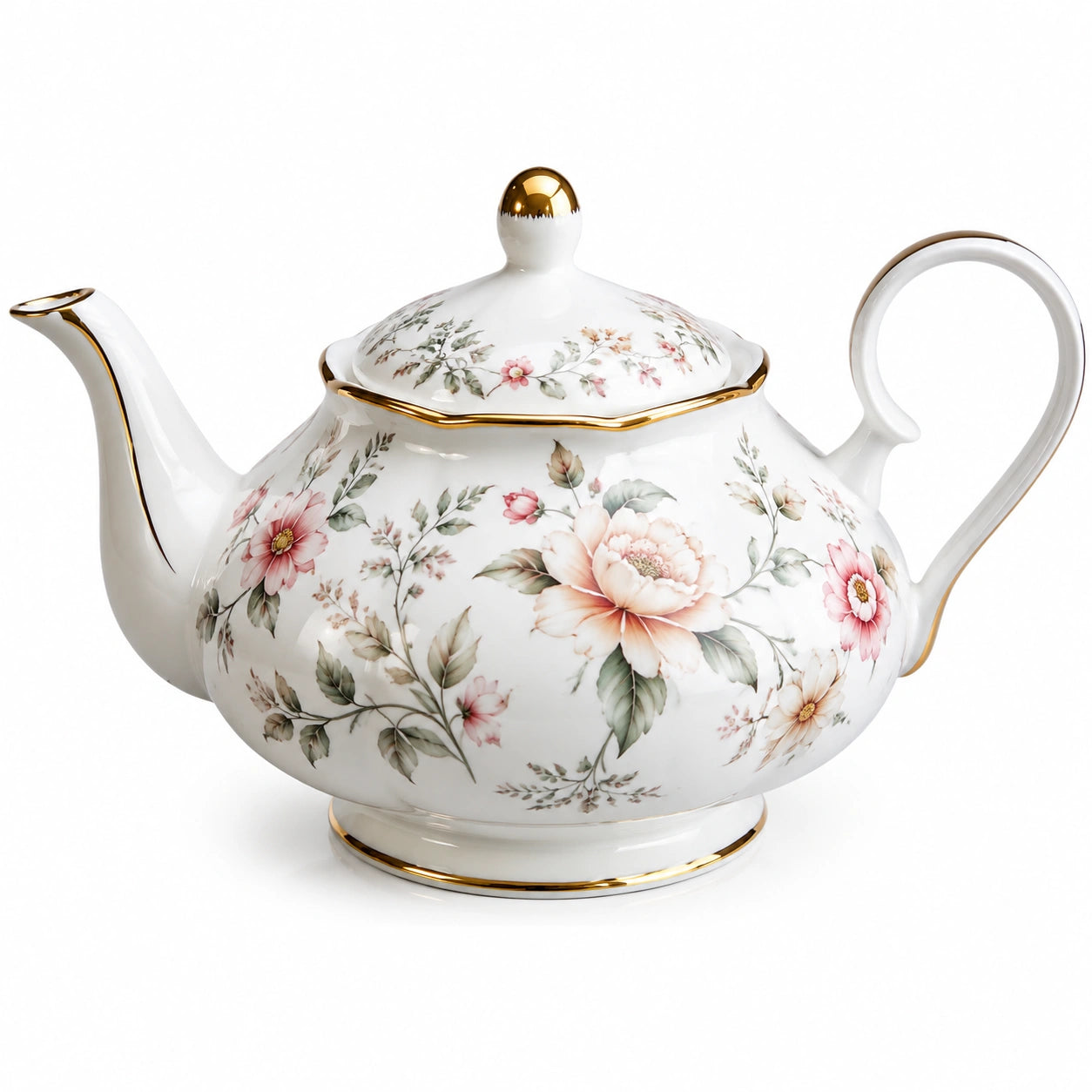 Teiera 1.20 L in porcellana bianca con decoro floreale e finiture dorate