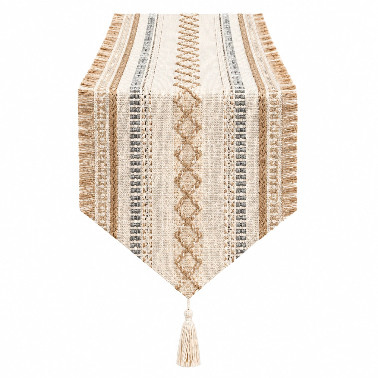 Runner da tavola 180 x 33 cm in tessuto beige e grigio con frange stile boho
