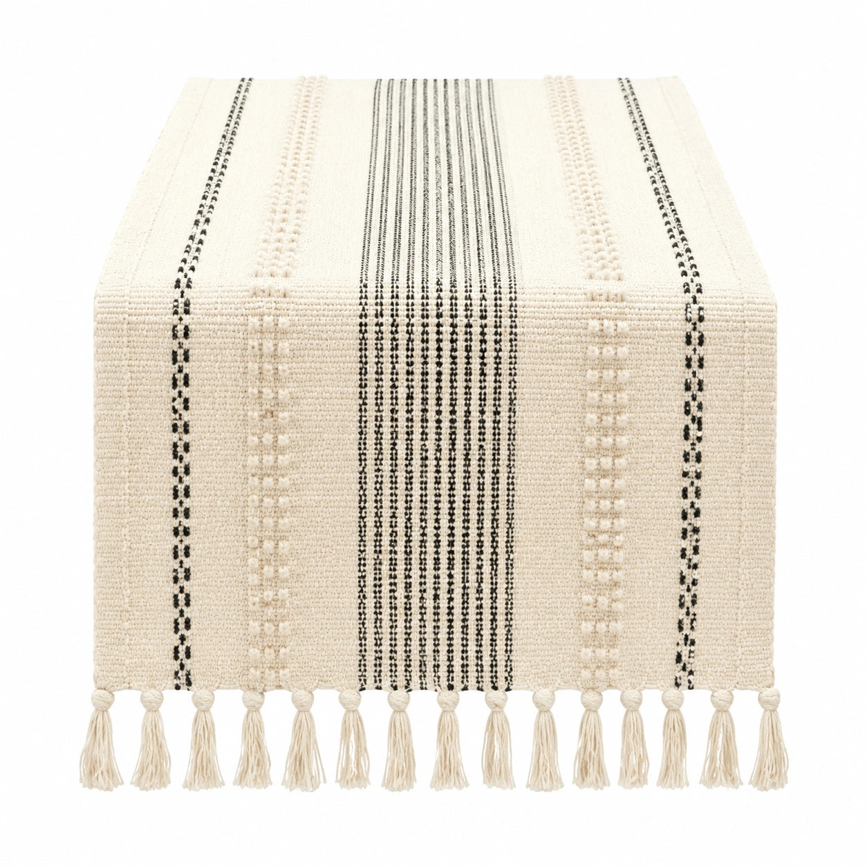 Runner da tavola 180 x 35 cm in tessuto avorio e nero stile boho con frange
