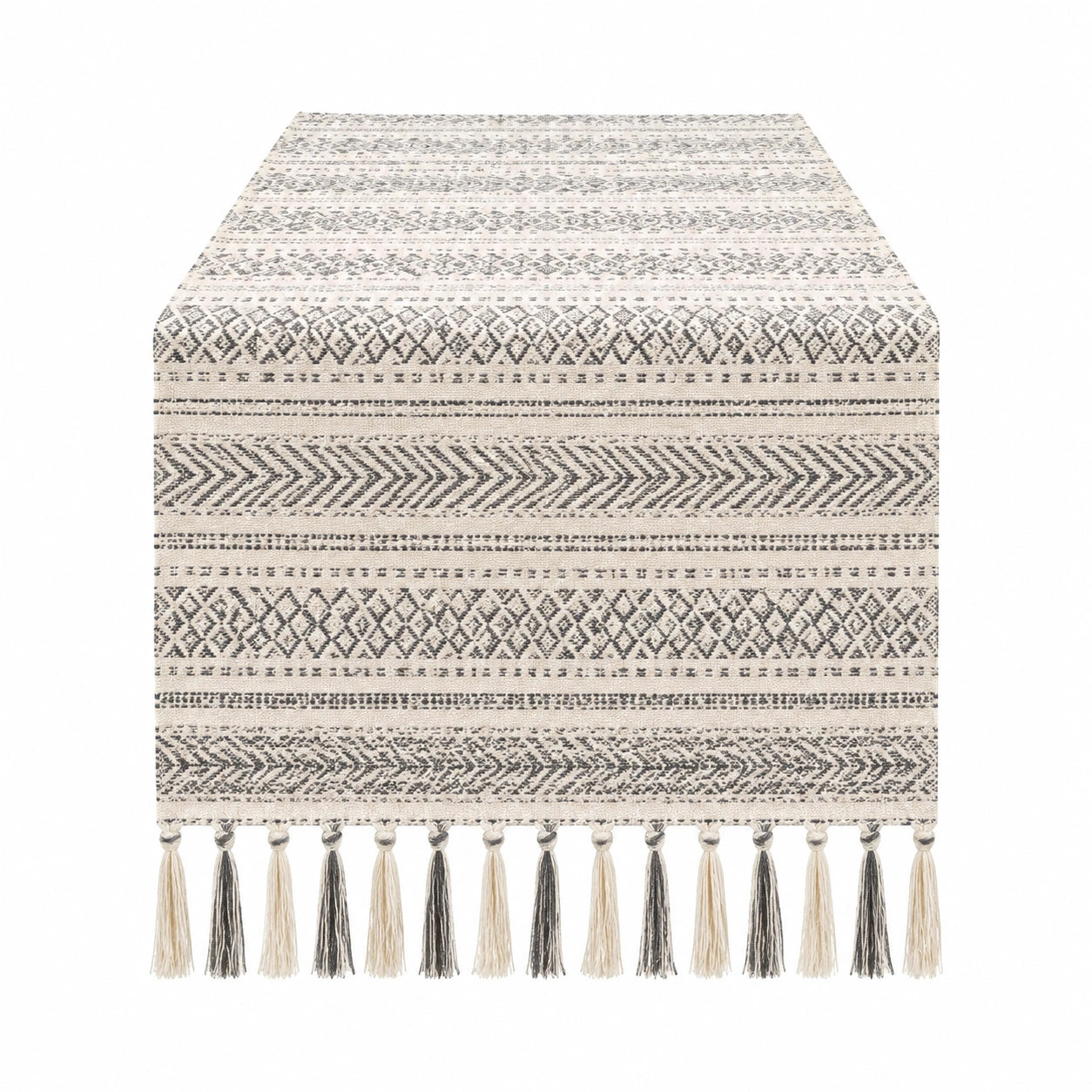 Runner da tavola 180 x 40 cm in tessuto avorio e grigio con motivo geometrico e frange