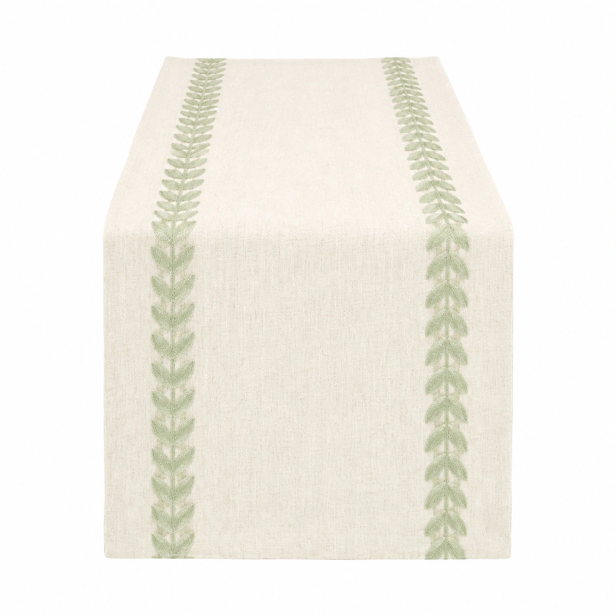 Runner da tavola 180 x 40 cm in tessuto effetto lino avorio e verde con motivo botanico
