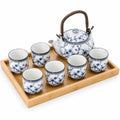 Set da tè in ceramica 1000 ml bianco/blu con vassoio in bambù e 6 tazze