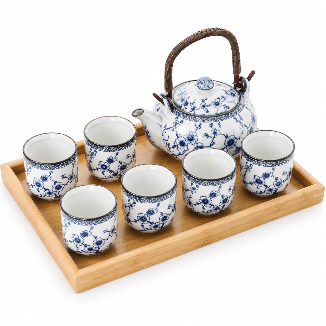 Set da tè in ceramica 1000 ml bianco/blu con vassoio in bambù e 6 tazze