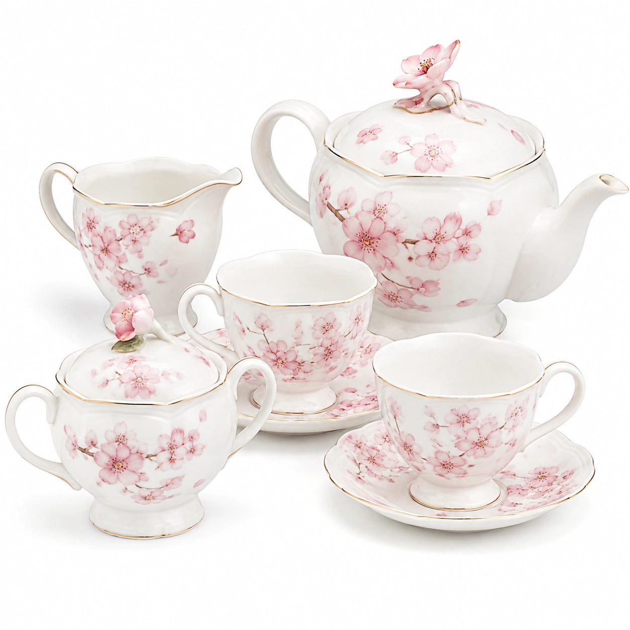Servizio da tè in porcellana 24 cm bianco rosa floreale con finiture dorate