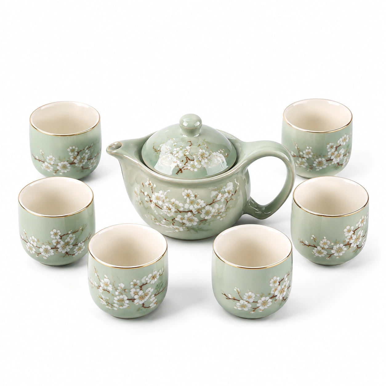 Servizio da tè 7 pezzi 700 ml con 6 tazze 180 ml in ceramica verde con fiori