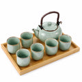 Servizio da tè in ceramica verde con vassoio in bambù 32 x 22 cm - stile orientale