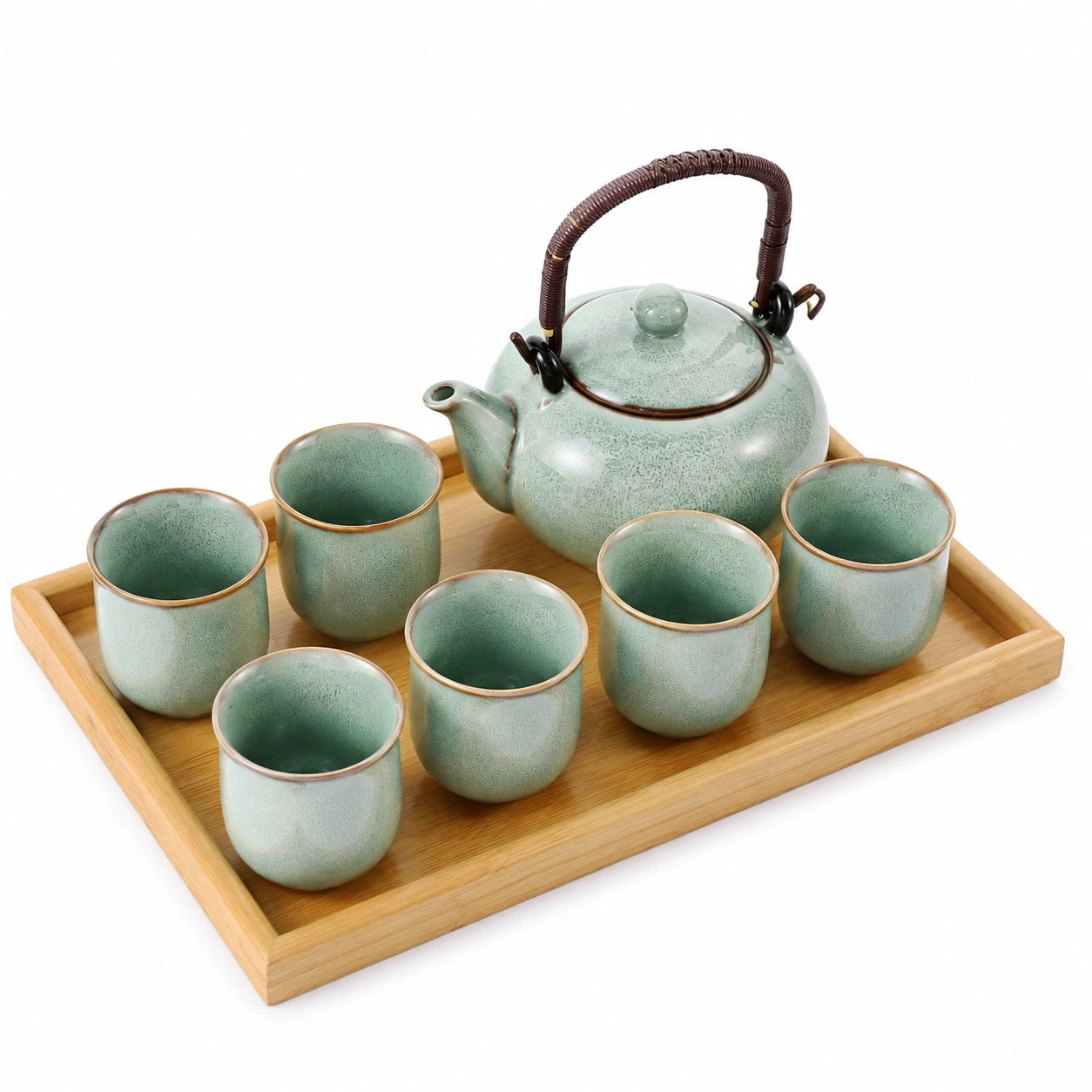 Servizio da tè in ceramica verde con vassoio in bambù 32 x 22 cm - stile orientale