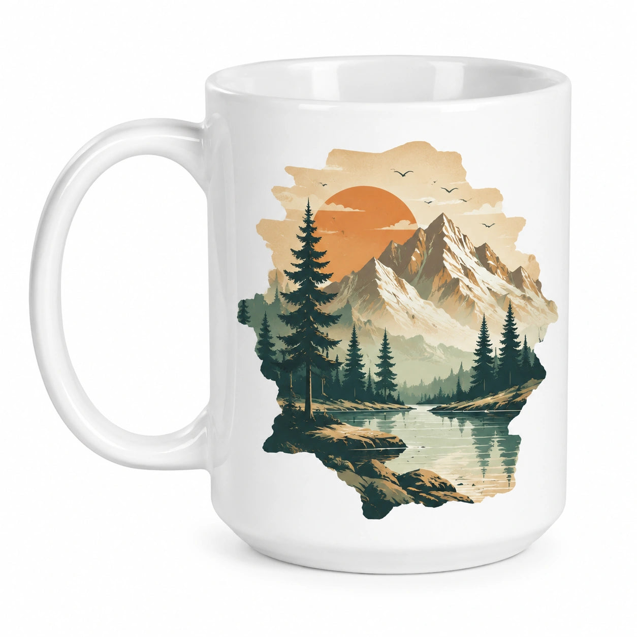 Tazza in ceramica 325 ml bianca con paesaggio montano - manico ampio stile illustrato