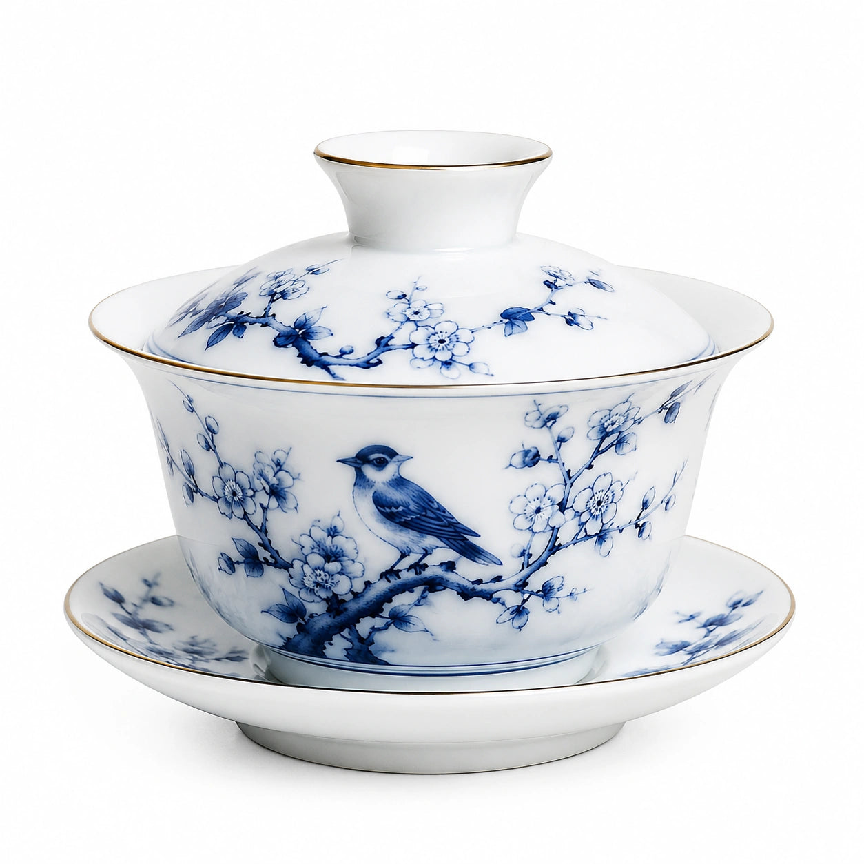 Tazza Gaiwan in porcellana bianca e blu 180 ml con coperchio e piattino decorazione floreale