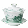 Tazza Gaiwan in porcellana 150 ml bianco e verde con coperchio e piattino paesaggio decorativo