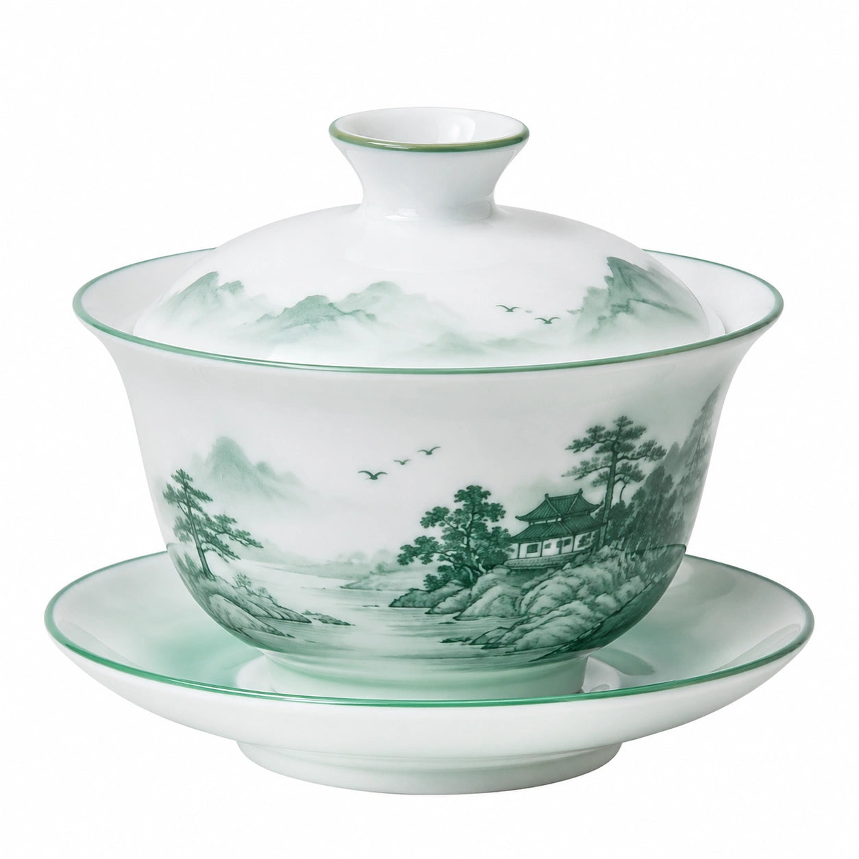 Tazza Gaiwan in porcellana 150 ml bianco e verde con coperchio e piattino paesaggio decorativo