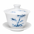 Gaiwan da tè in porcellana 150 ml bianco e blu con motivo bambù e coperchio
