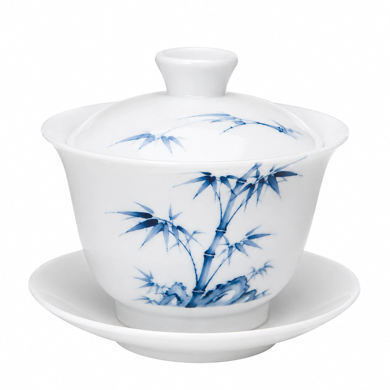 Gaiwan da tè in porcellana 150 ml bianco e blu con motivo bambù e coperchio