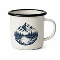 Tazza da campeggio 350 ml in acciaio smaltato bianco e nero con paesaggio montano - stile outdoor
