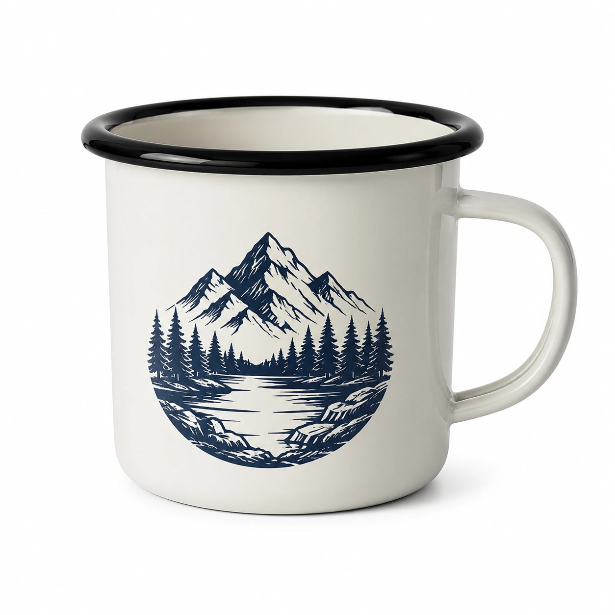 Tazza da campeggio 350 ml in acciaio smaltato bianco e nero con paesaggio montano - stile outdoor